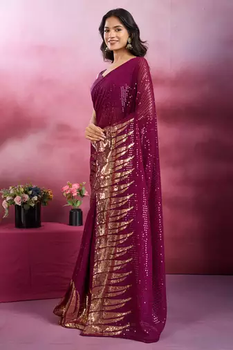 Wine and gold sequins embroidered georgette party wear saree with blouse piece