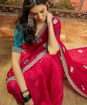 Rani silk blend chiffon embellished saree with unstitched blouse piece 1