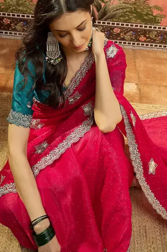 Rani silk chiffon embellished saree with unstitched blouse piece