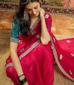 Rani silk blend chiffon embellished saree with unstitched blouse piece
