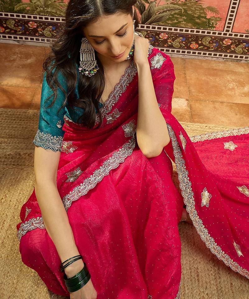 Rani silk chiffon embellished saree with unstitched blouse piece
