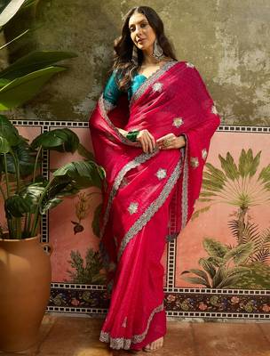 Rani silk blend chiffon embellished saree with unstitched blouse piece 2