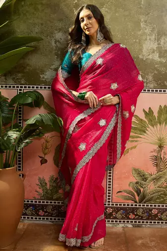 Rani silk blend chiffon embellished saree with unstitched blouse piece