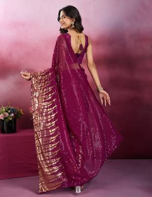Wine and gold sequins embroidered georgette party wear saree with blouse piece 4