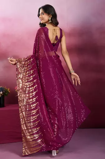 Wine and gold sequins embroidered georgette party wear saree with blouse piece
