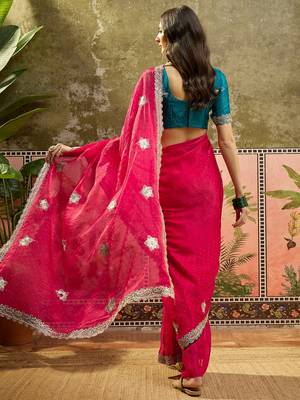 Rani silk blend chiffon embellished saree with unstitched blouse piece 3