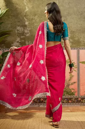 Rani silk blend chiffon embellished saree with unstitched blouse piece