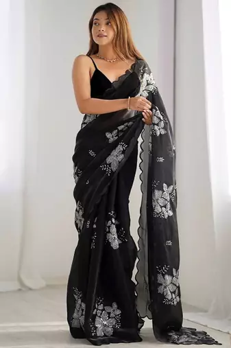 Black silver floral cutwork embroidered georgette party wear saree with blouse piece