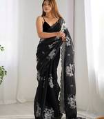 Black silver floral cutwork embroidered georgette party wear saree with blouse piece
