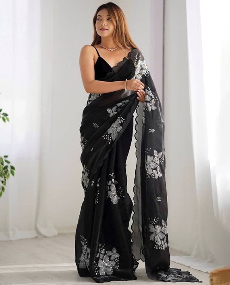 Black silver floral cutwork embroidered georgette party wear saree with blouse piece