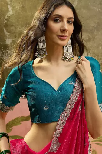 Rani silk blend chiffon embellished saree with unstitched blouse piece