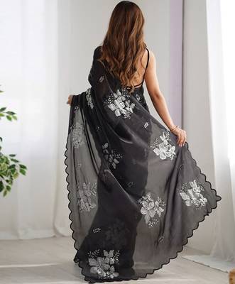 Black silver floral cutwork embroidered georgette party wear saree with blouse piece 3
