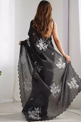 Black silver floral cutwork embroidered georgette party wear saree with blouse piece