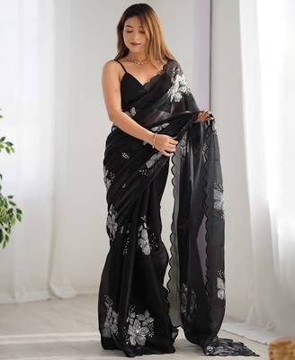 Black silver floral cutwork embroidered georgette party wear saree with blouse piece 4