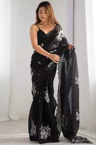 Black silver floral cutwork embroidered georgette party wear saree with blouse piece