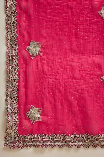 Rani silk blend chiffon embellished saree with unstitched blouse piece