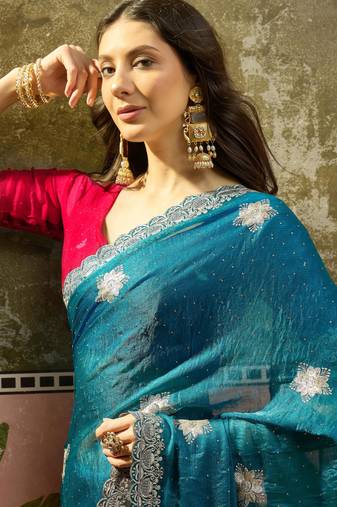 Teal silk chiffon embellished saree with unstitched blouse piece