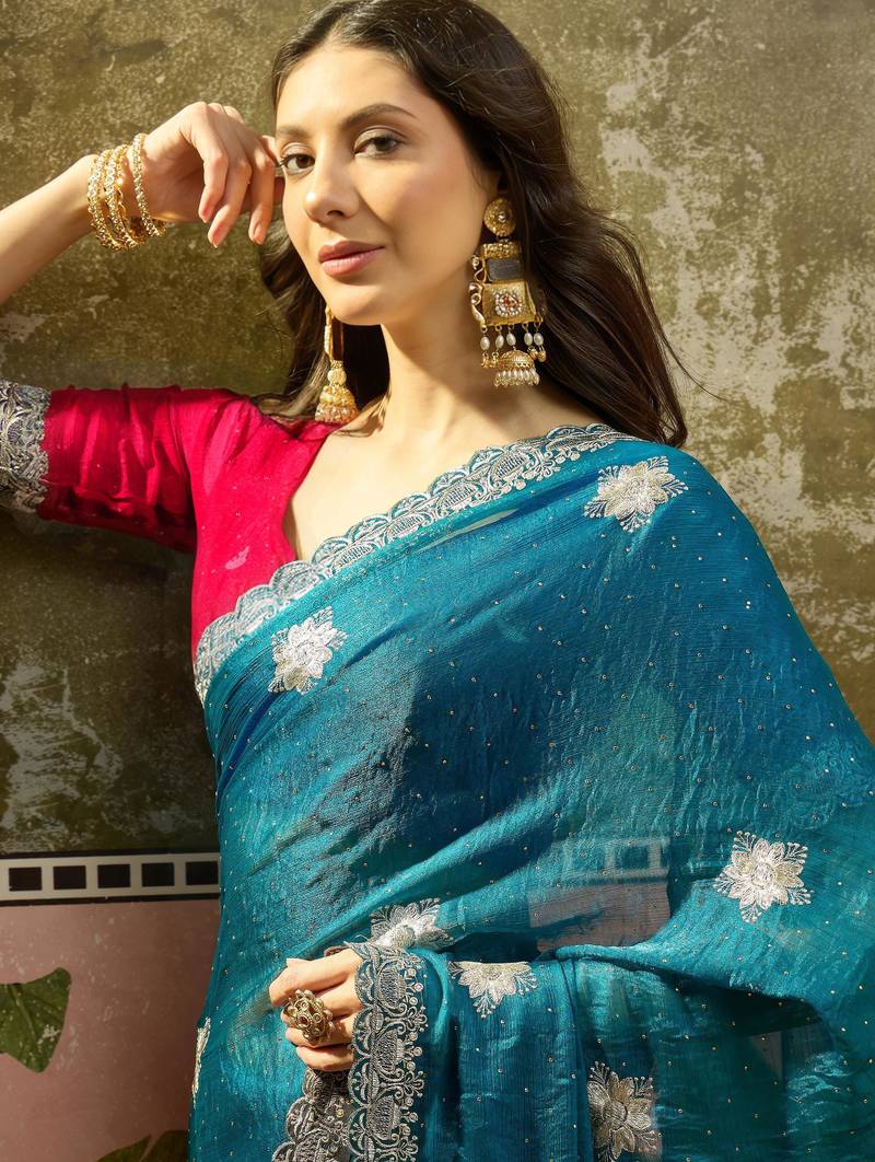Teal silk chiffon embellished saree with unstitched blouse piece