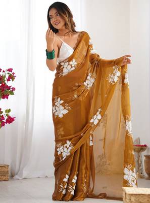 Chiku silver floral cutwork embroidered organza party wear saree with blouse piece 1