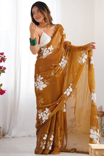 Chiku silver floral cutwork embroidered organza party wear saree with blouse piece