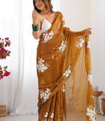 Chiku silver floral cutwork embroidered organza party wear saree with blouse piece