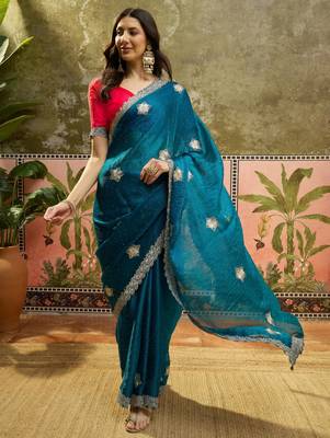 Teal silk blend chiffon embellished saree with unstitched blouse piece 2