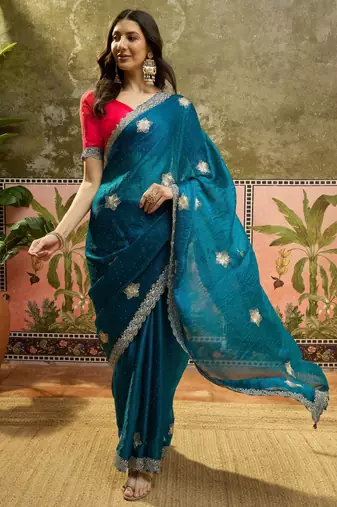Teal silk blend chiffon embellished saree with unstitched blouse piece