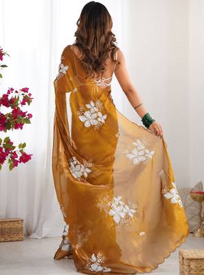 Chiku silver floral cutwork embroidered organza party wear saree with blouse piece 3
