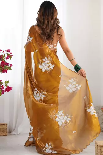 Chiku silver floral cutwork embroidered organza party wear saree with blouse piece
