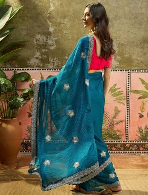 Teal silk blend chiffon embellished saree with unstitched blouse piece 3