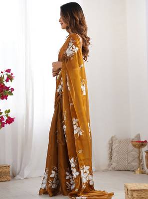 Chiku silver floral cutwork embroidered organza party wear saree with blouse piece 4