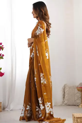 Chiku silver floral cutwork embroidered organza party wear saree with blouse piece