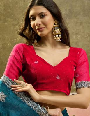 Teal silk blend chiffon embellished saree with unstitched blouse piece 4