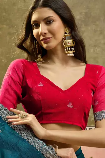 Teal silk blend chiffon embellished saree with unstitched blouse piece