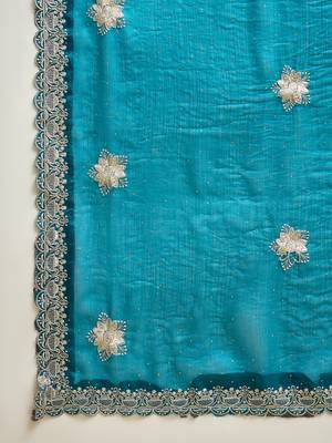 Teal silk blend chiffon embellished saree with unstitched blouse piece 5