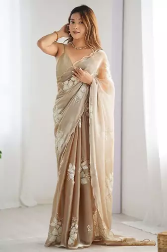 Gold silver floral cutwork embroidered organza party wear saree with blouse piece