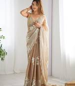 Gold silver floral cutwork embroidered organza party wear saree with blouse piece