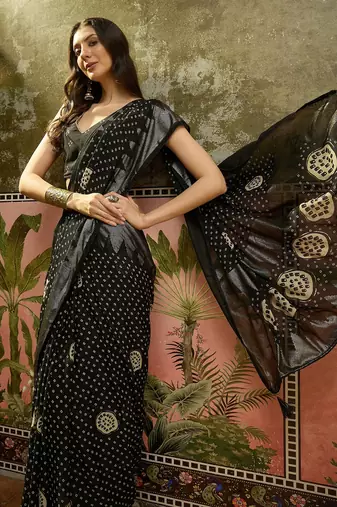 Black georgette bandhni saree with unstitched blouse piece