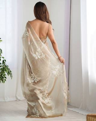 Gold silver floral cutwork embroidered organza party wear saree with blouse piece 3