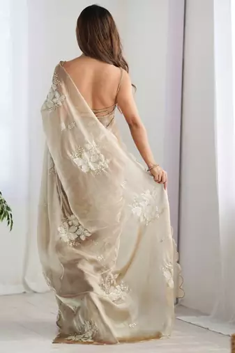Gold silver floral cutwork embroidered organza party wear saree with blouse piece