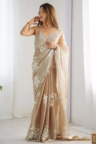 Gold silver floral cutwork embroidered organza party wear saree with blouse piece