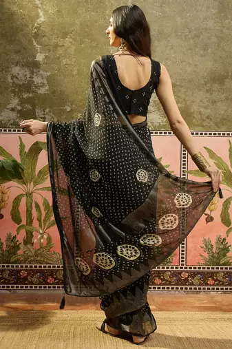 Black georgette bandhni saree with unstitched blouse piece