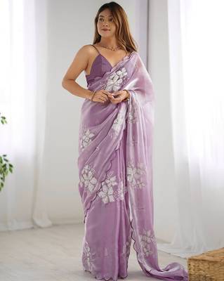 Onion silver floral cutwork embroidered organza party wear saree with blouse piece 1