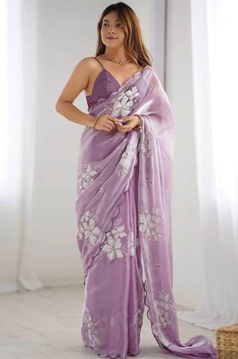 Onion silver floral cutwork embroidered organza party wear saree with blouse piece