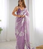 Onion silver floral cutwork embroidered organza party wear saree with blouse piece