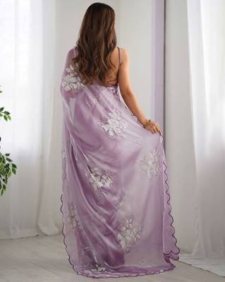 Onion silver floral cutwork embroidered organza party wear saree with blouse piece 2