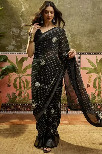Black georgette bandhni saree with unstitched blouse piece