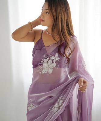 Onion silver floral cutwork embroidered organza party wear saree with blouse piece 5