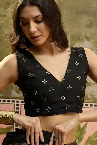 Black georgette bandhni saree with unstitched blouse piece