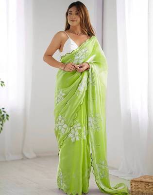 Perrot silver floral cutwork embroidered organza party wear saree with blouse piece 1